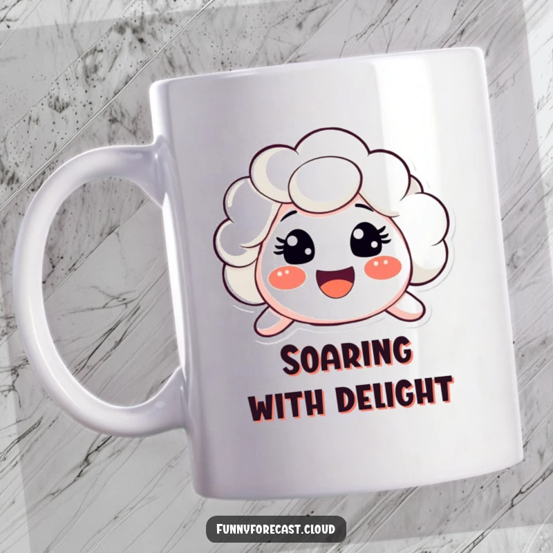 Funny mug showing a fluffy cloud character with a very big, surprised, and happy smile. Cheerful weather art.