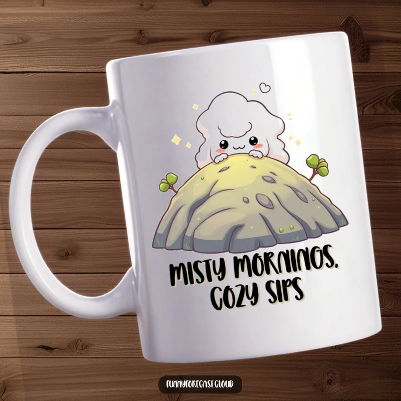 Funny mug: A shadowy, mischievous fog creature peeking playfully from behind a hill, hinting at playful secrets.
