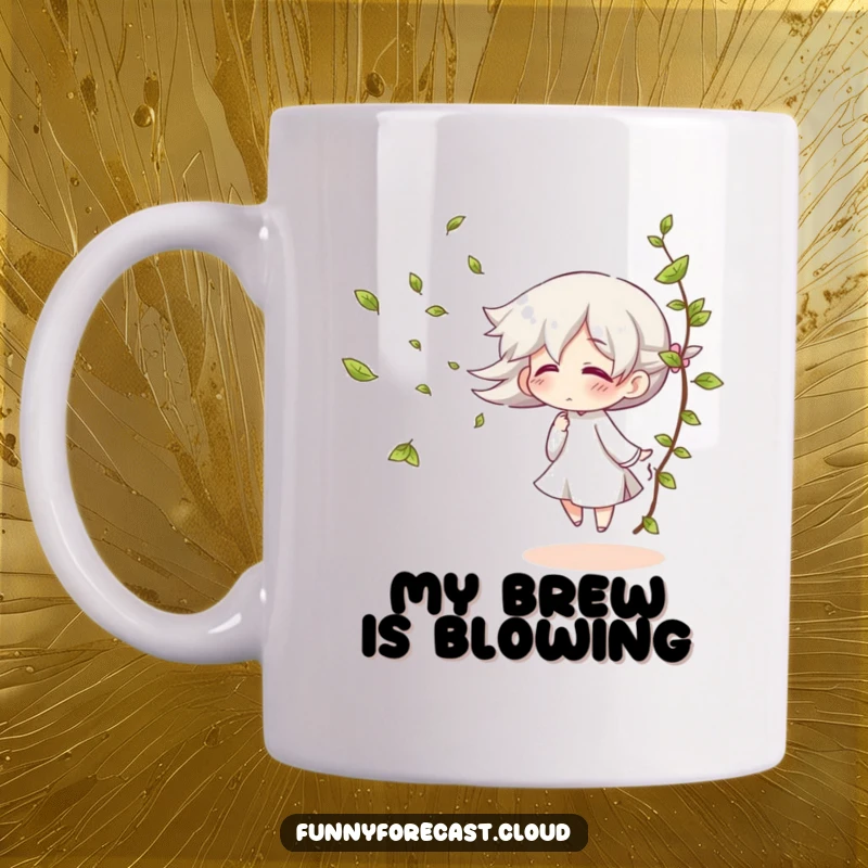 Funny mug with a giggling wind character blowing leaves, embodying playful breezes and joy.
