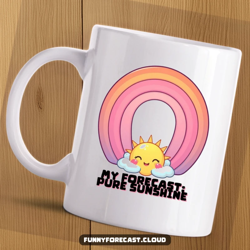 Funny Mug: Smiling sun with a colorful rainbow character arching over it, radiating happiness and warmth.