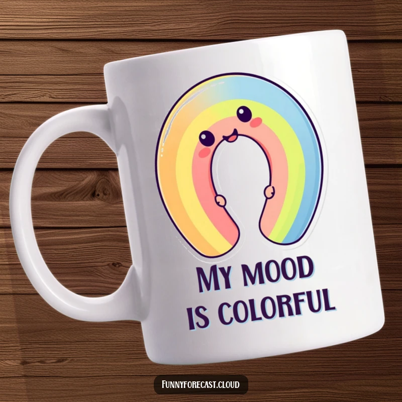 Funny cheerful kawaii rainbow character bending into a silly, contorted shape. A humorous and colorful mug design.