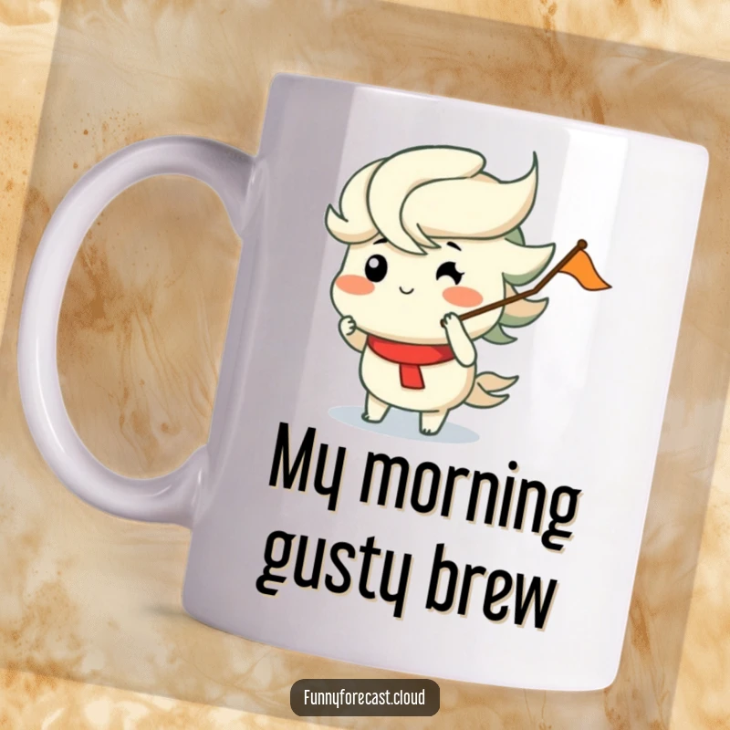 Funny mug featuring a wind character with puffed cheeks, merrily blowing a tiny flag, embodying playful energy and laughter.