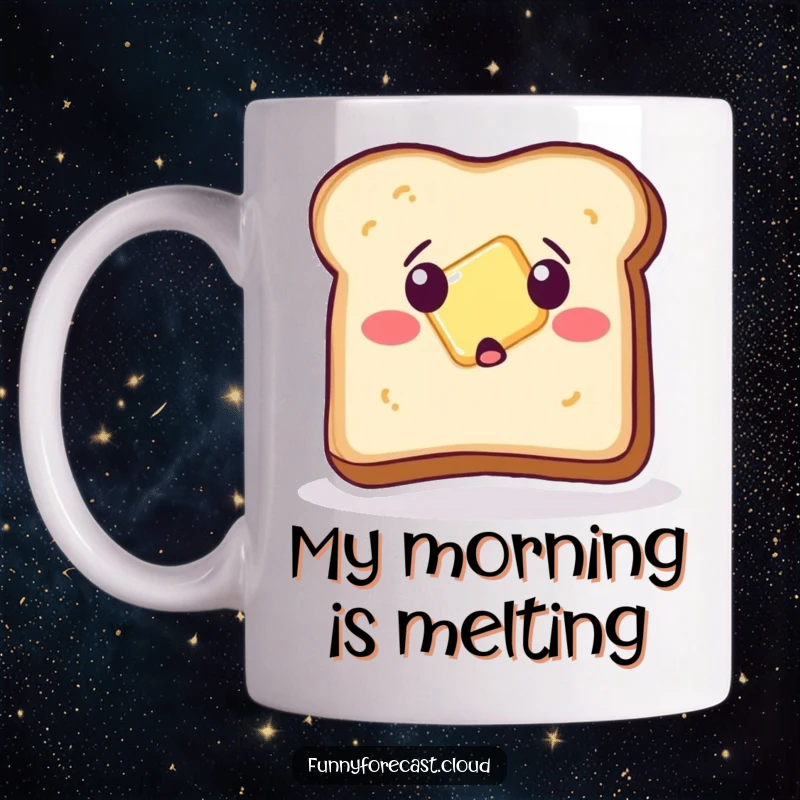 Funny Mug: A piece of sentient toast with a shocked expression as a pat of butter slides comically off its surface.