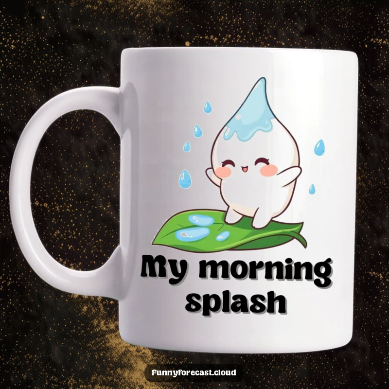 Funny Mug featuring a cute, smiling raindrop character joyfully bouncing on a vibrant green leaf, spreading happiness.