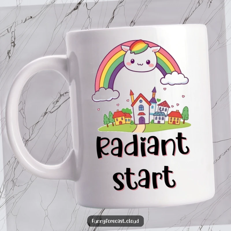 Funny kawaii rainbow arching cheerfully over a small, smiling town, featured on a joyful mug.