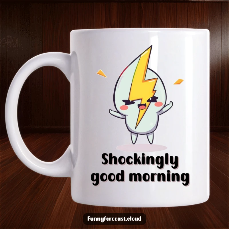 Funny mug featuring a lightning bolt character striking with a mischievous wink, full of playful energy.