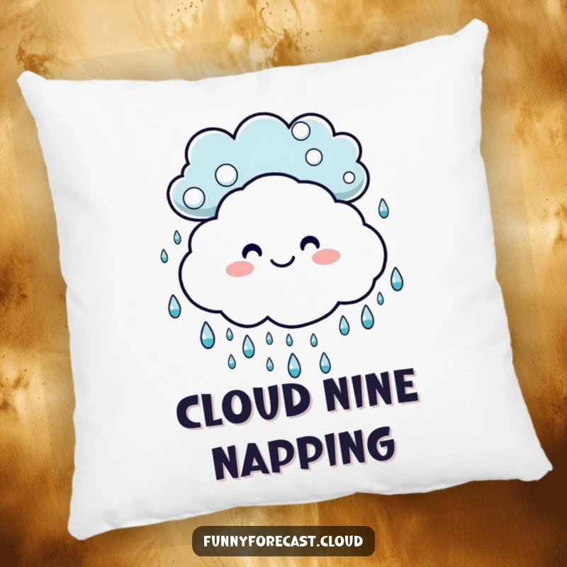 Funny pillow: A soft, smiling cloud accompanied by playful, dancing raindrops, offering cozy comfort.