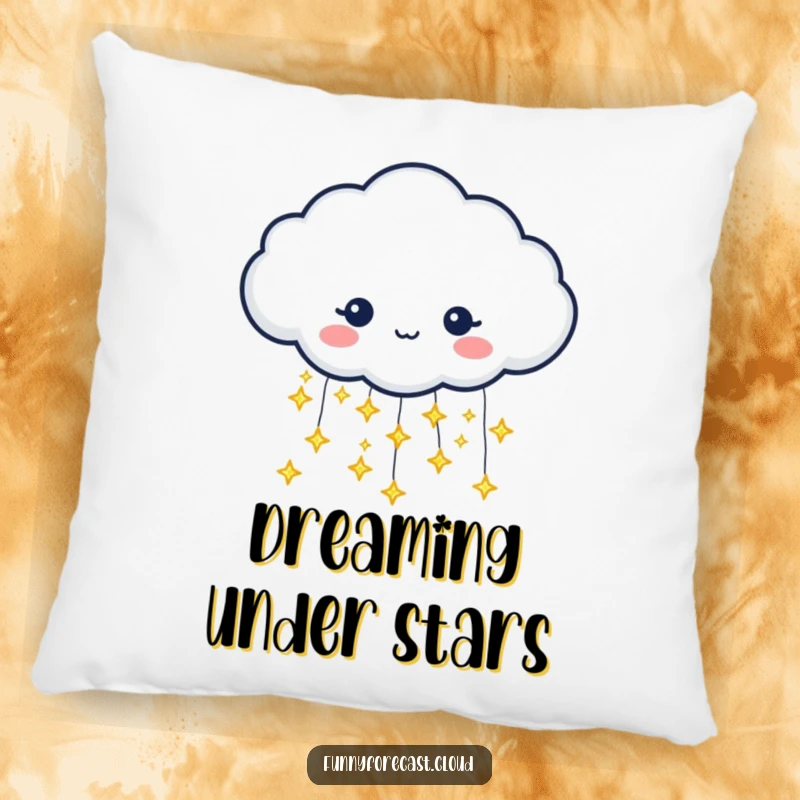 Soft, funny pillow featuring a rain cloud character pouring tiny, glittering stars instead of rain. Magical comfort.