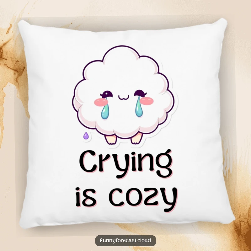 Funny pillow with a smiling fluffy cloud character crying bright rainbow tears, providing cheerful comfort.
