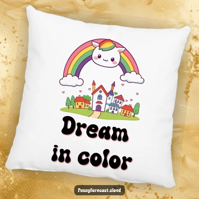 Funny kawaii rainbow arching cheerfully over a small, smiling town, depicted on a soft and decorative pillow.