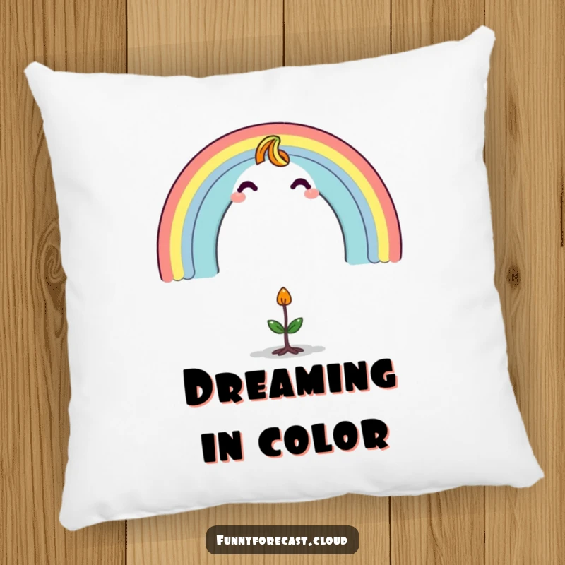 Funny pillow showcasing a colorful rainbow character creating a protective arch over a tiny, surprised sprout, adding whimsical decor.