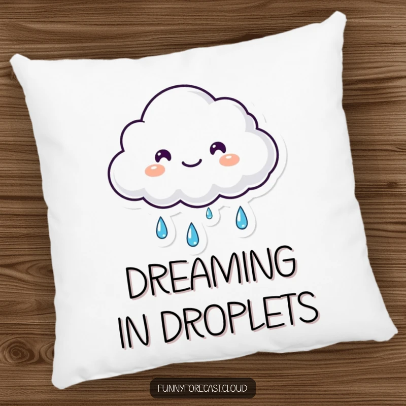 Funny small fluffy kawaii cloud shedding happy tears of rain on this soft pillow, an adorable funny gift.
