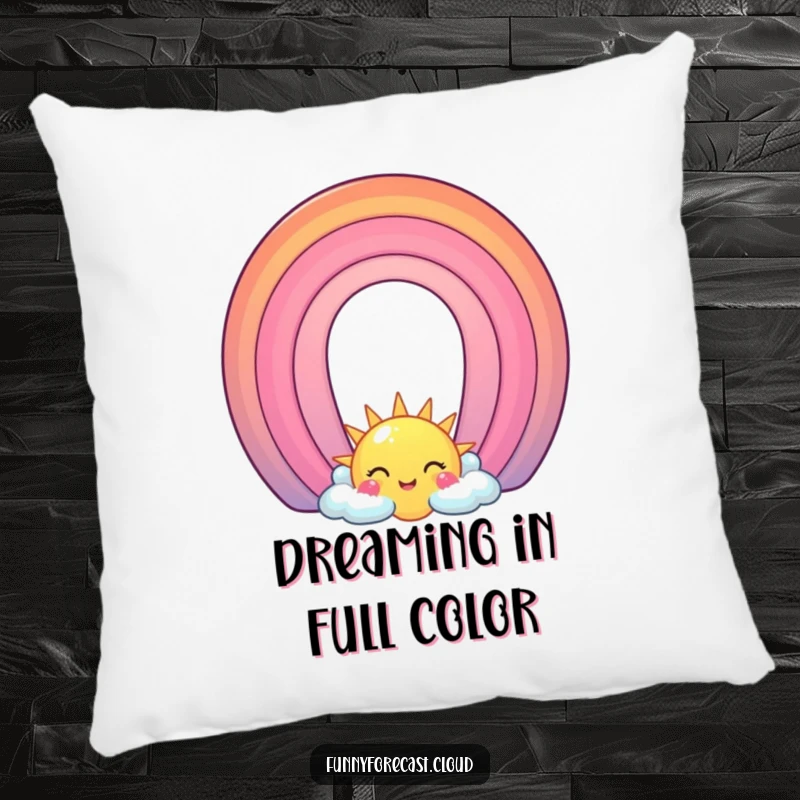 Funny Pillow: A smiling sun and a vibrant rainbow character forming a cheerful arch, perfect for adding cozy happiness.
