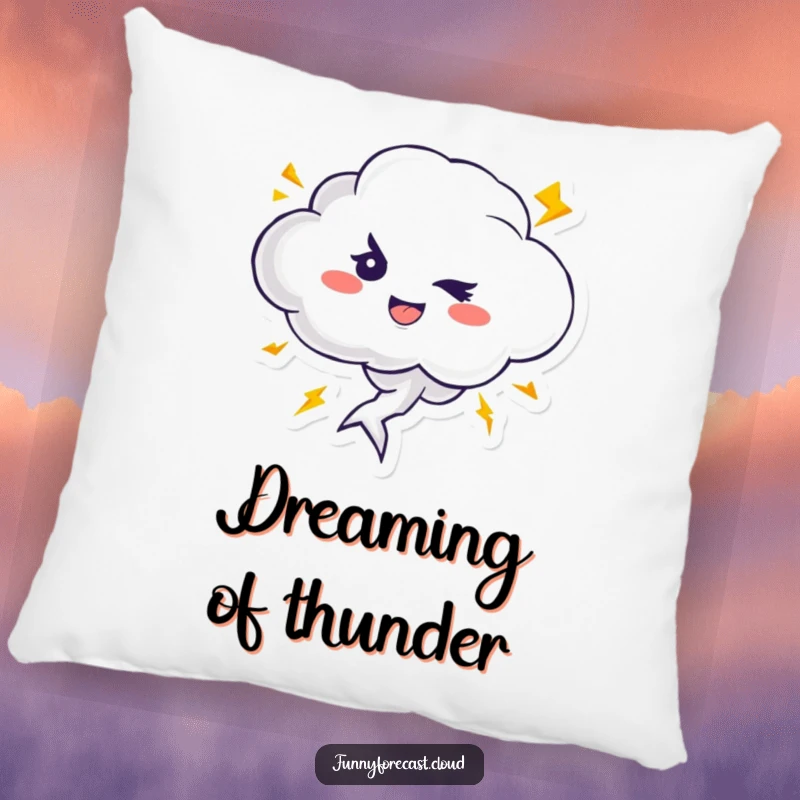 Funny pillow featuring a cute thundercloud character winking, surrounded by small, playfully zipping lightning bolts, for comfort.