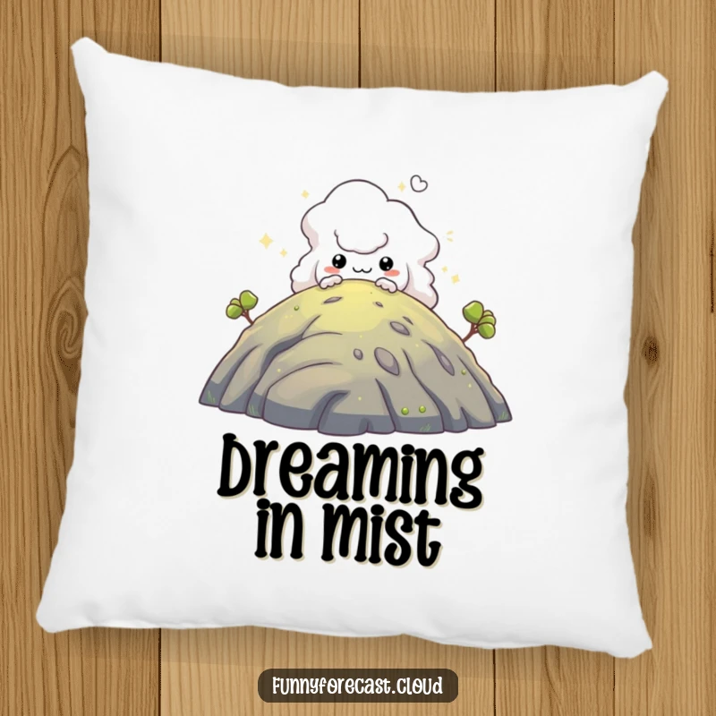 Funny pillow: A cute, mischievous fog creature peeking from behind a hill, offering cozy mystery.