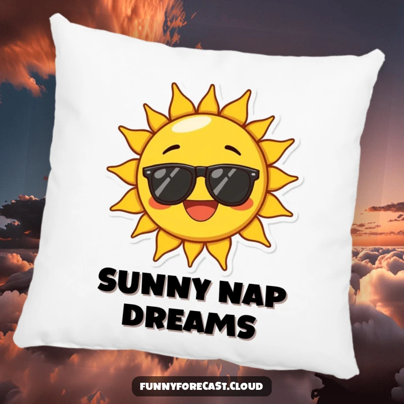 Funny pillow depicting a sun character wearing sunglasses and beaming with exaggerated joy, offering comfort and cheerful amusement.