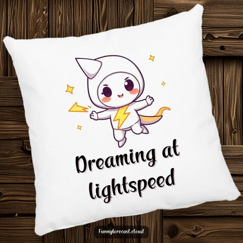 Funny lightning bolt character zipping with a mischievous streak, a soft and humorous accent pillow for ultimate comfort.