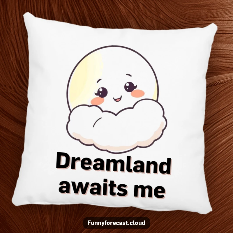 Funny smiling moon character peeking from behind a soft cloud, a plush and humorous accent pillow for cozy spaces.
