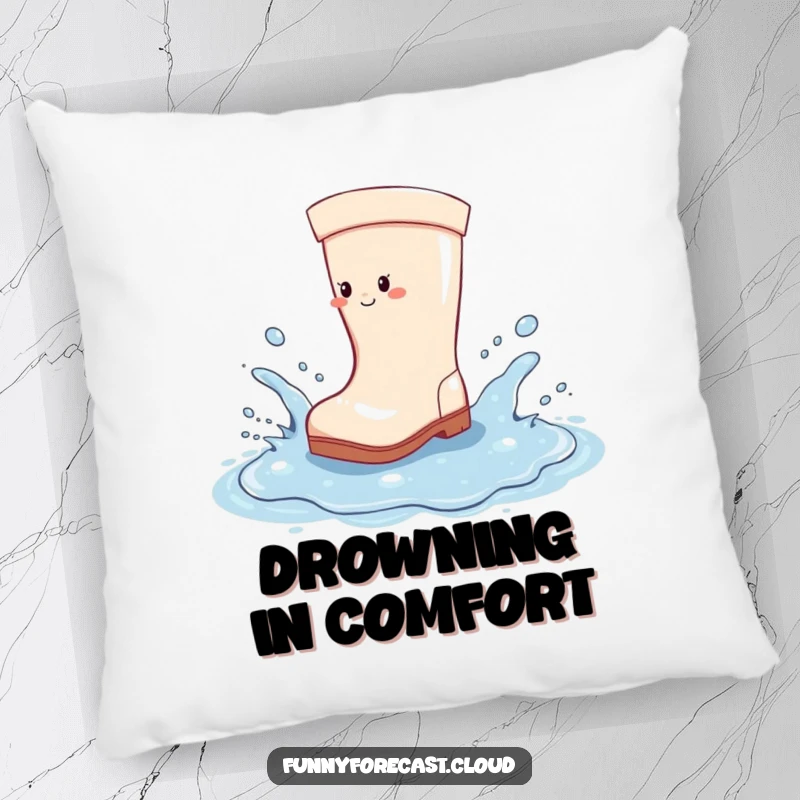 Funny Pillow: A plush rain boot humorously splashing in a puddle, soft and full of cheerful spirit.