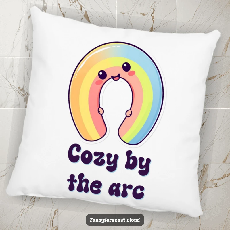 Funny cheerful kawaii rainbow character bending into a silly shape. A soft and humorous pillow for comfort.