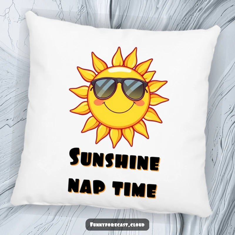 Funny Pillow: A plush smiling sun wearing sunglasses, soft and radiating extreme relaxation.