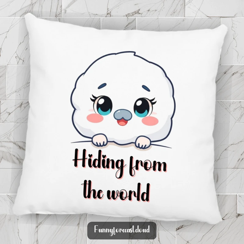 Funny kawaii fog character pillow, peeking with wide, curious eyes, soft, comforting, and humorous decor.