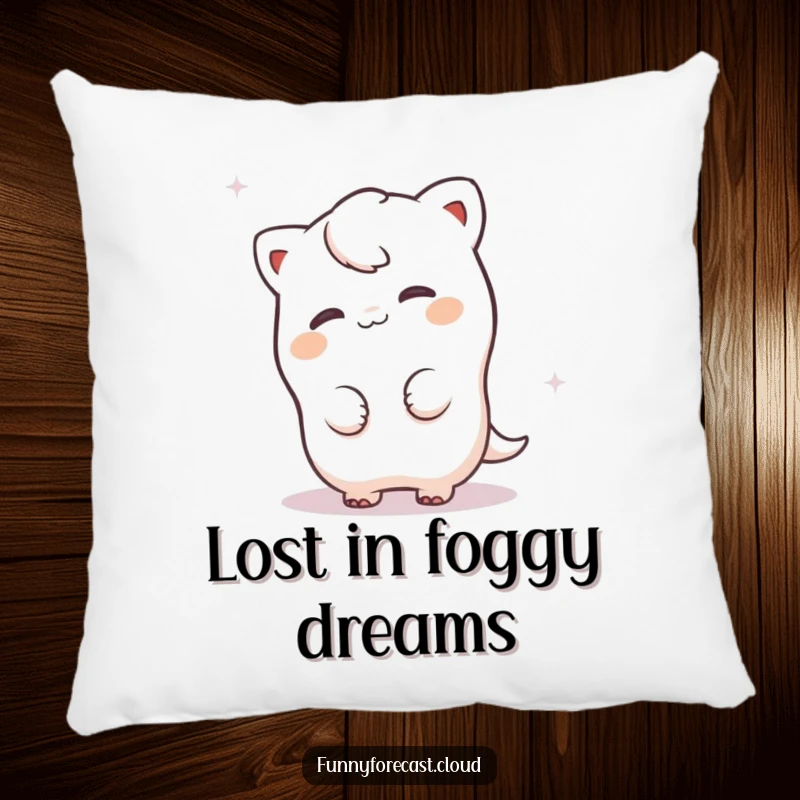 Funny fog character playfully peeking from behind a misty swirl, a plush and humorous accent pillow for cozy spaces.