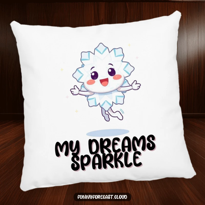 Funny pillow with a happy snowflake character doing a joyful twirl, leaving a trail of sparkles, for cozy comfort.