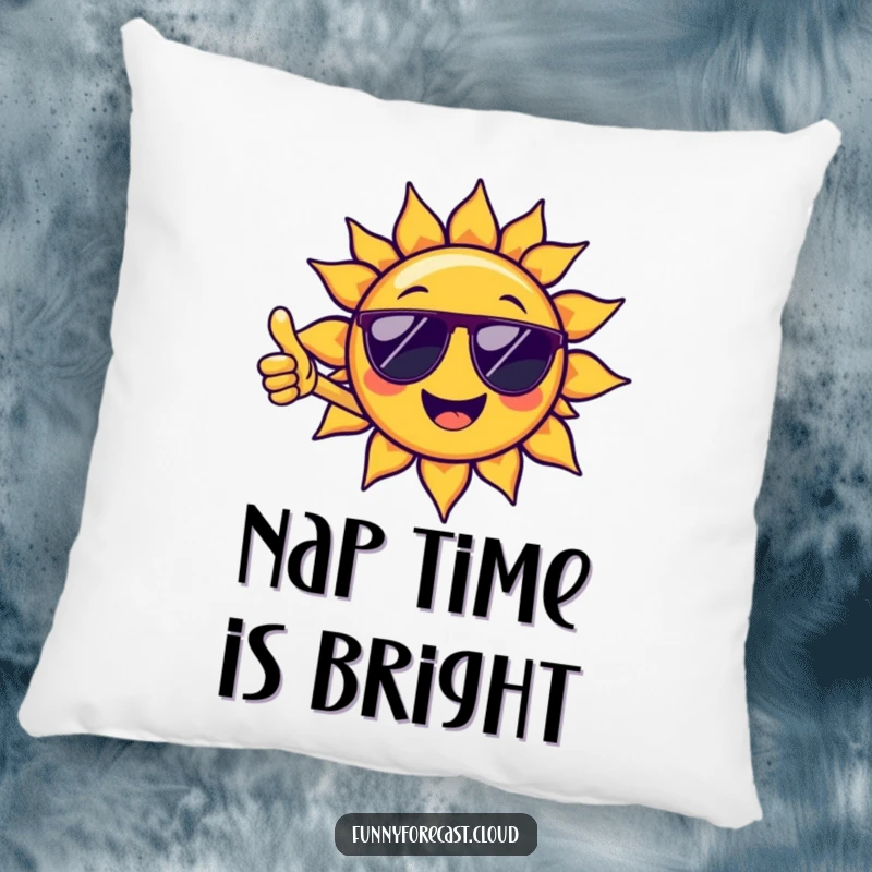 Funny pillow featuring a smiling sun character with sunglasses giving a thumbs-up, perfect for cozy moments and funny gift decor.