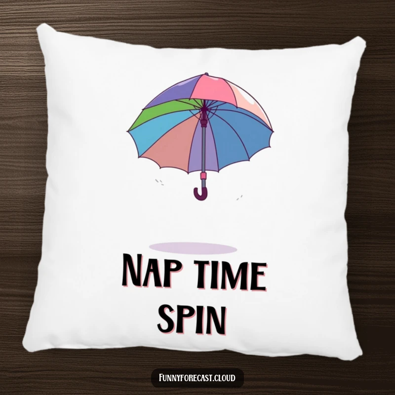 Funny dancing umbrella comically spinning out of control in a gentle breeze, a soft and humorous pillow design.