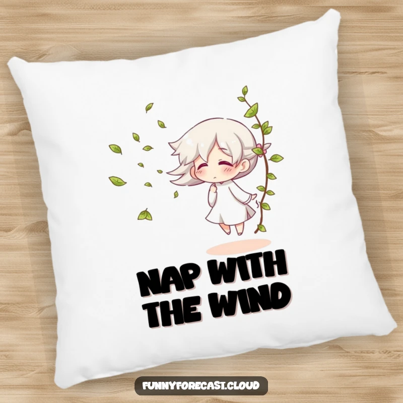 Funny pillow with a giggling wind character blowing leaves, offering cozy and breezy comfort.