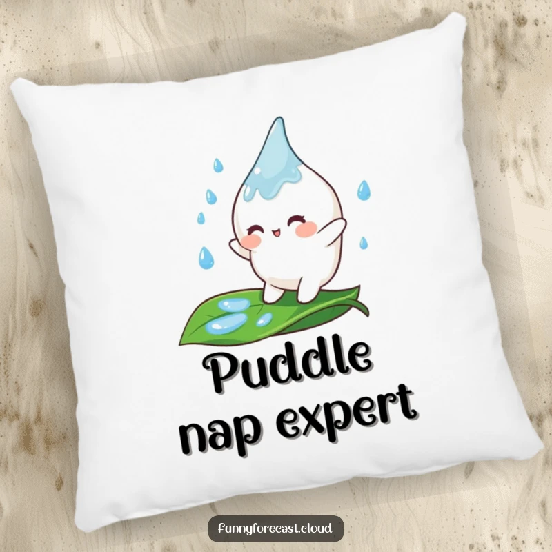 Funny Pillow with a cute raindrop character gleefully bouncing on a leaf, adding a cozy and humorous accent to any room.