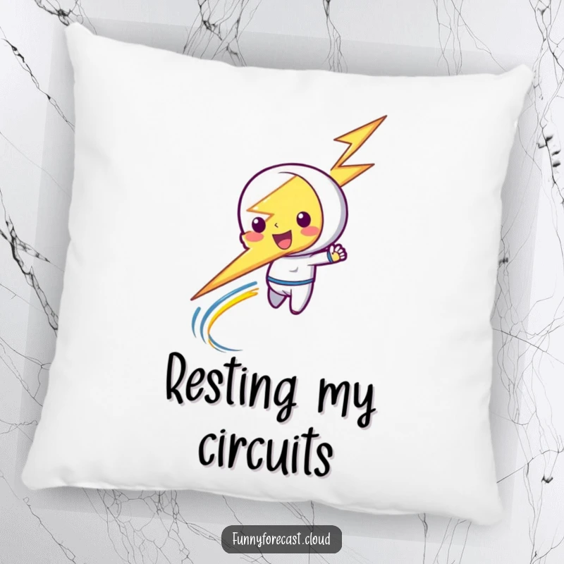 Funny decorative pillow featuring a playful lightning bolt character zipping with energy, perfect for adding a pop of fun.