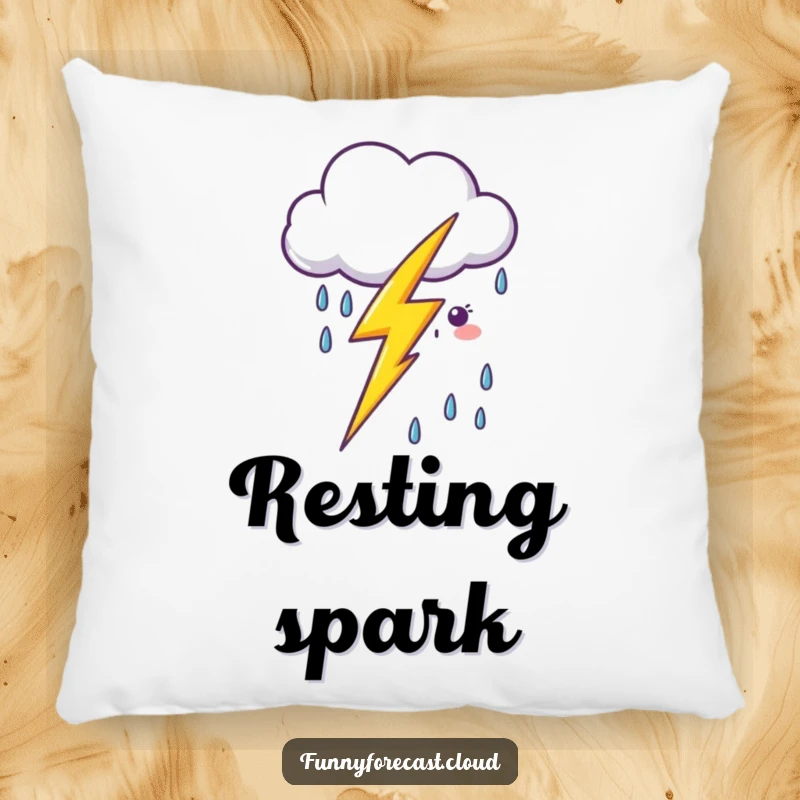 Funny kawaii lightning bolt zapping near a smiling cartoon rain cloud, depicted on a soft and decorative pillow.