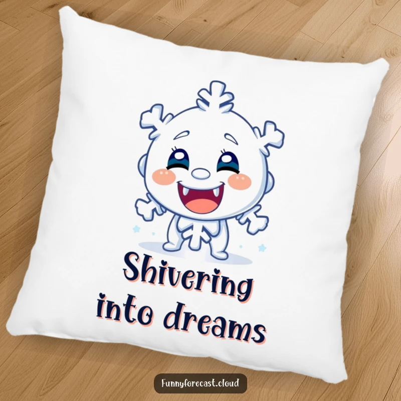 Funny pillow with a shivering snowflake character, chattering teeth, designed to bring cozy comfort and hilarious winter vibes to any room.