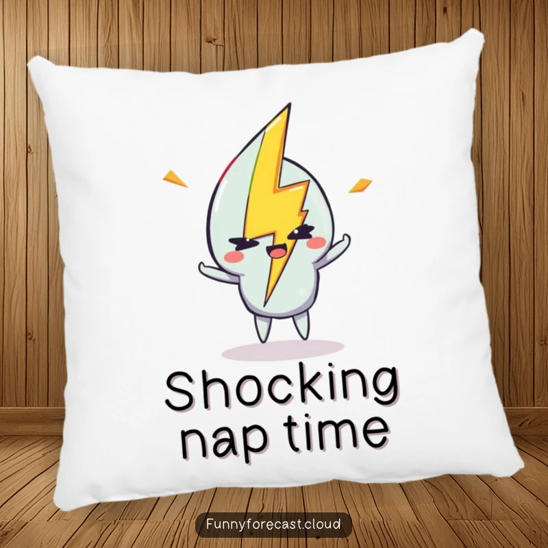 Funny pillow with a lightning bolt character striking and winking, offering electrifying comfort.