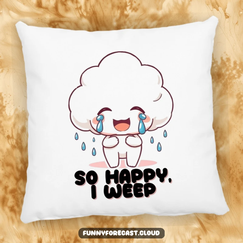 Funny Happy Rain Cloud Pillow featuring a cloud crying tears of joy, offering soft comfort and a cheerful presence.