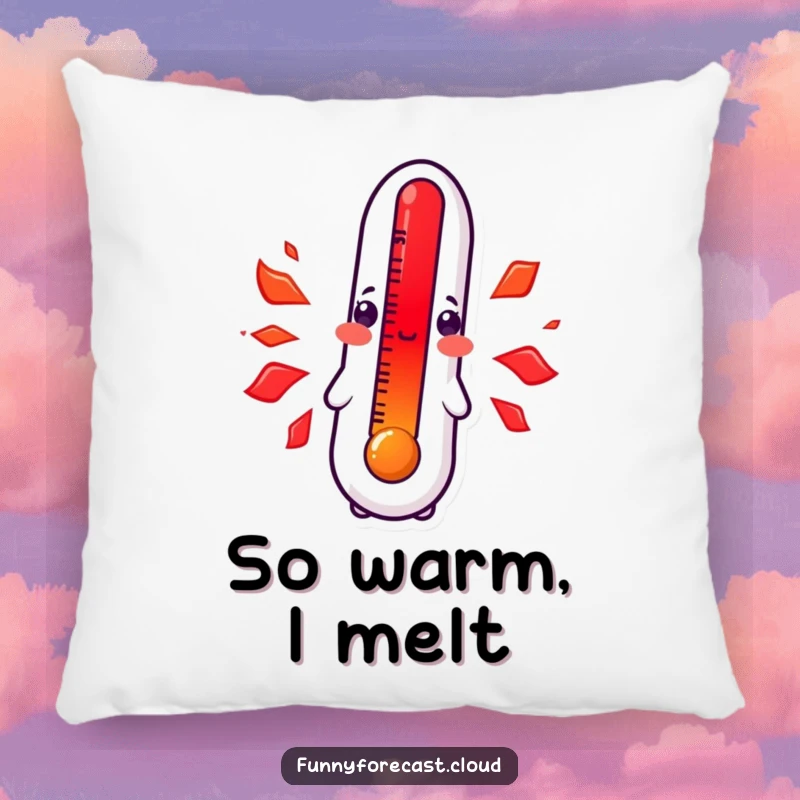 Funny kawaii thermometer pillow, character blushing bright red with heat, cute and embarrassing expression, soft comforting humorous item.