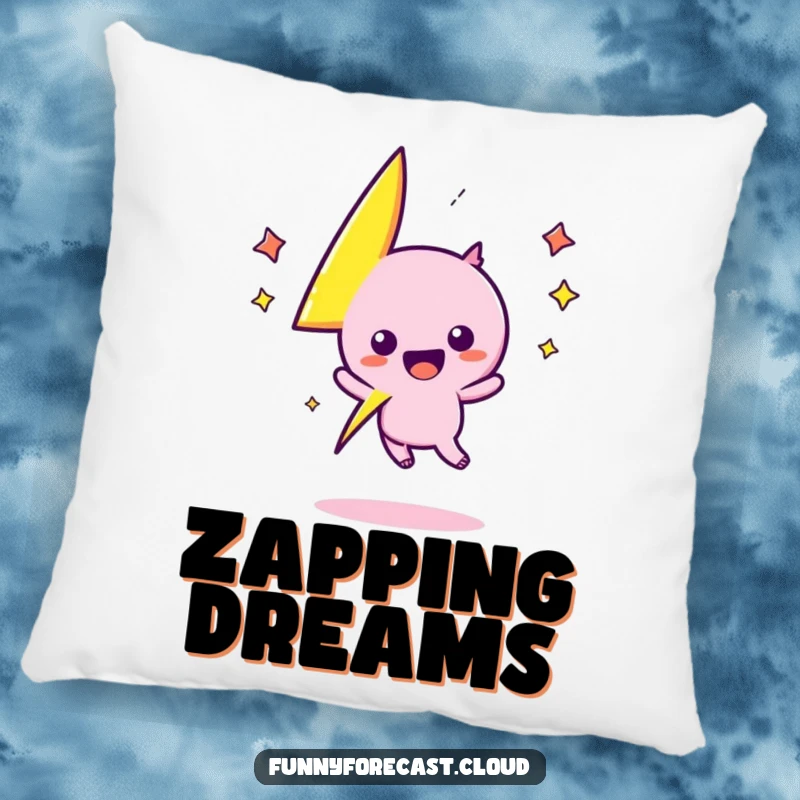 Funny kawaii lightning bolt character zigs and zags with happy excitement on this plush pillow, an incredibly funny gift.