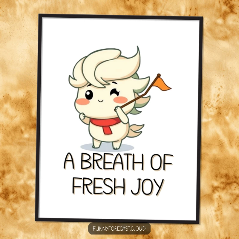 Funny digital art print of a wind character with puffed cheeks merrily blowing a flag, perfect for instant decor and funny gifts.
