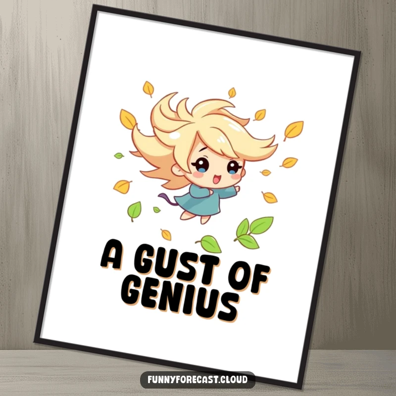 Funny kawaii wind character digital art print, playfully swirling autumn leaves, cheerful and whimsical illustration, instant download.