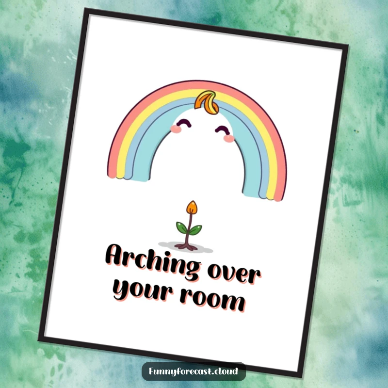 Funny digital art print of a vibrant rainbow character gracefully arching over a small, wide-eyed, surprised sprout.
