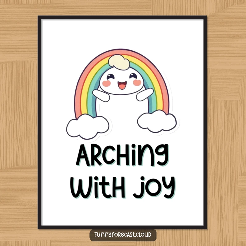 Funny digital art print of a cheerful smiling rainbow character arching across the sky, bringing instant happiness and vibrant humor.