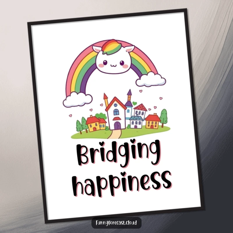 Funny kawaii rainbow arching cheerfully over a small, smiling town, a digital art print for instant joyful decor.