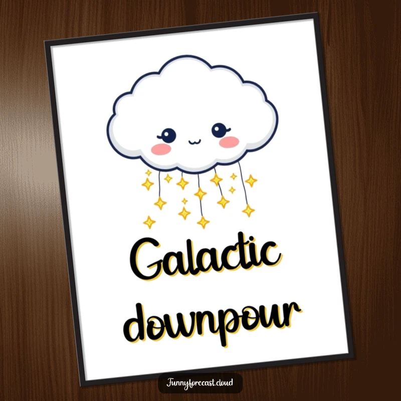 Funny digital art print of a rain cloud character pouring tiny, glittering stars instead of raindrops. Magical art.