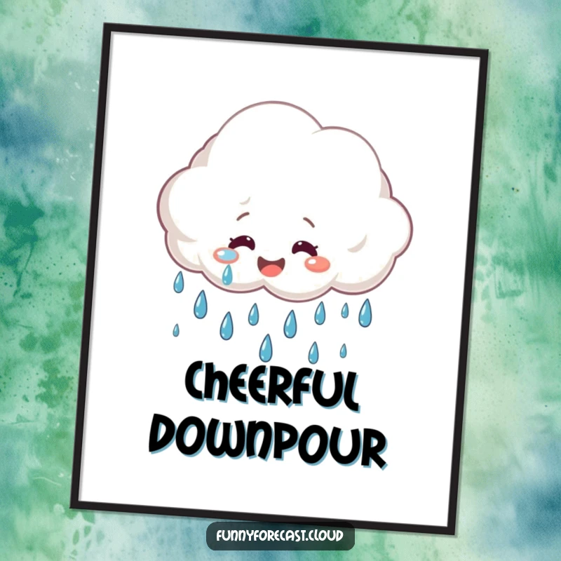 Funny Digital Art: A smiling rain cloud crying cheerful raindrops, printable decor.