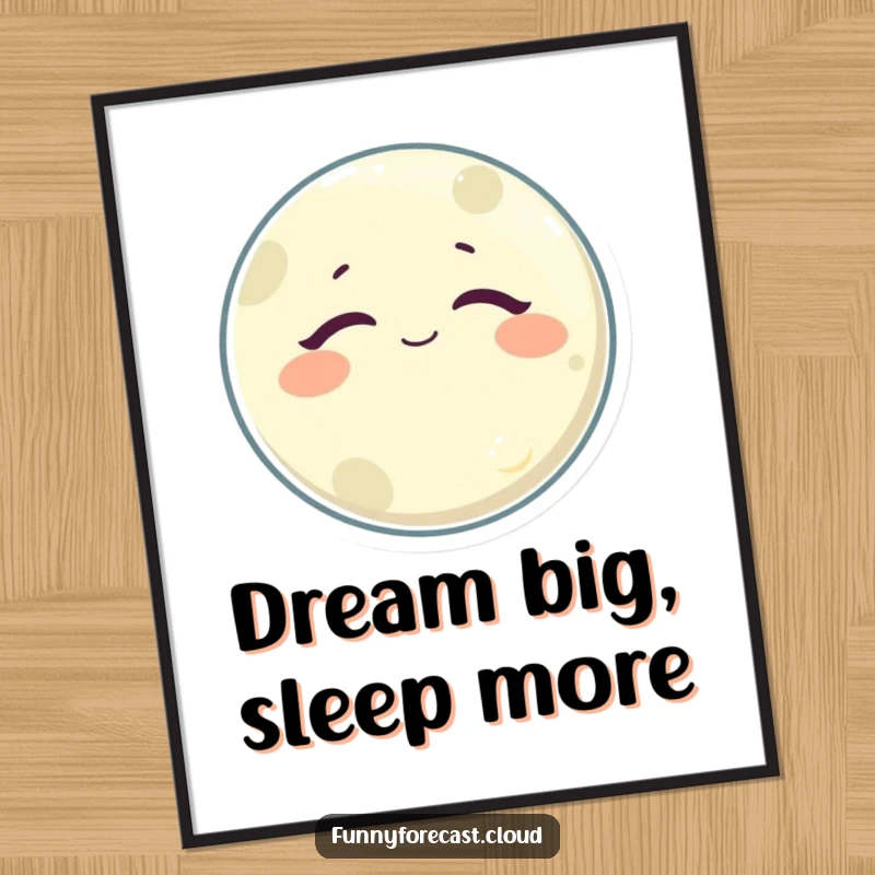 Funny Sleepy Moon Digital Art Print featuring a drowsy, content moon character radiating peaceful satisfaction, perfect for instant download decor.