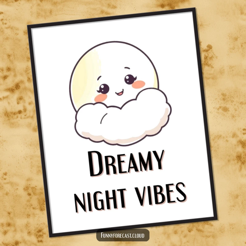 Funny moon character peeking from behind a fluffy cloud, smiling gently, a high-resolution digital art print for dreamy decor.