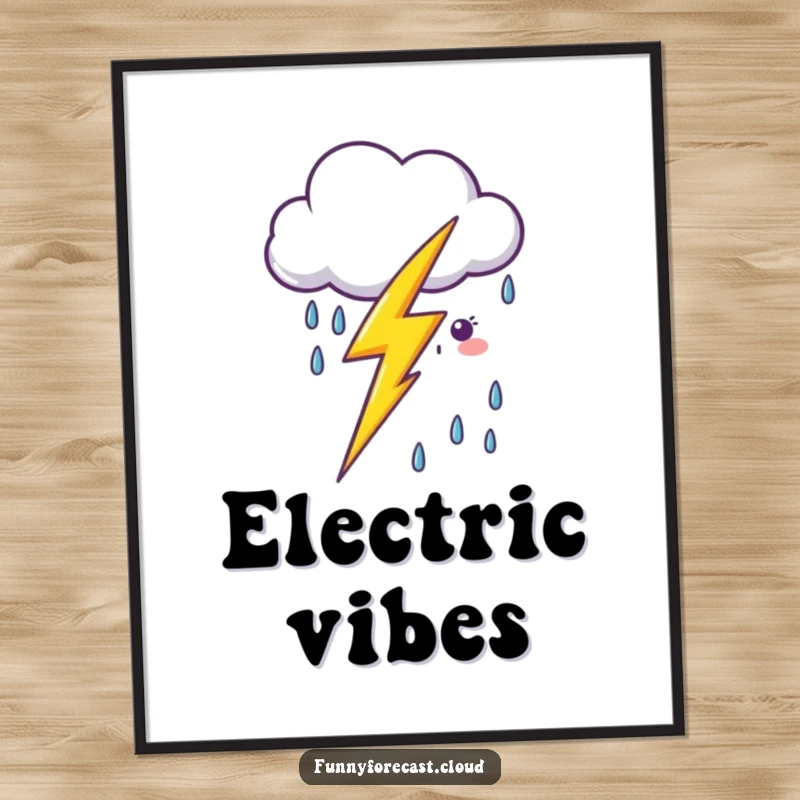 Funny kawaii lightning bolt zapping near a smiling cartoon rain cloud, a digital art print for instant cheerful decor.