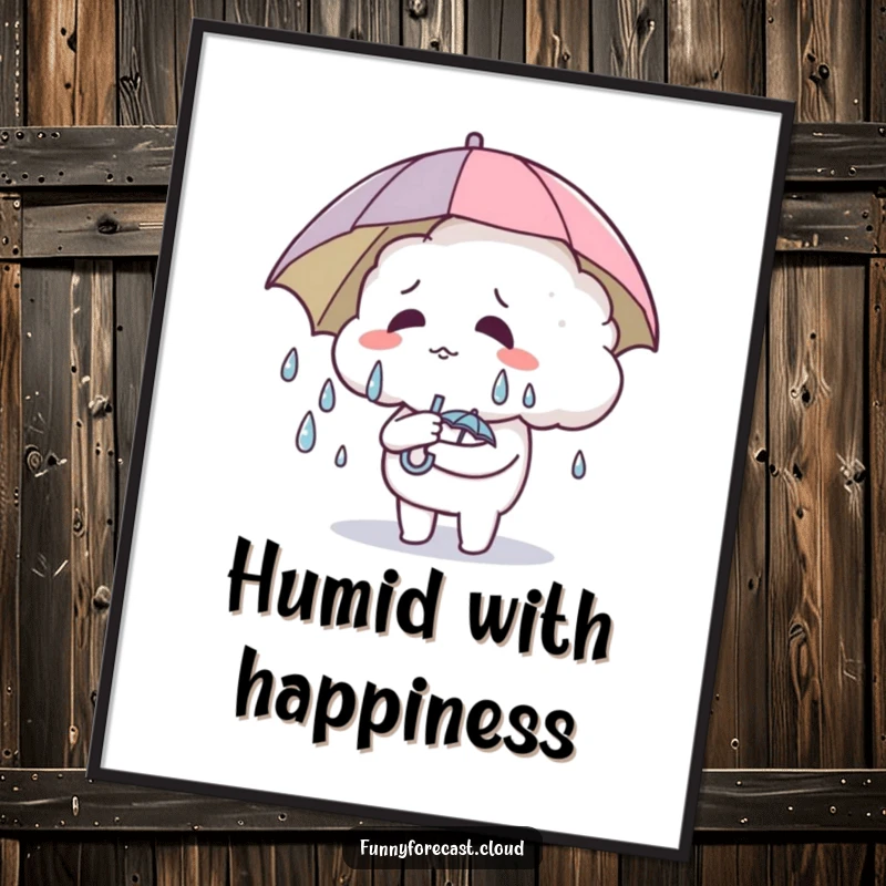 Funny Digital Art: A cute cloud character sweating under a tiny umbrella, printable decor.